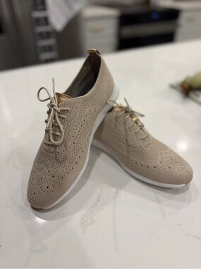 Cole Haan Beige Knit Lace-Up Sneaker with White Sole